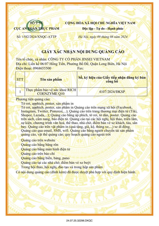 Giấy xác nhận nội dung quảng cáo — 1582/2024/XNQC-ATTP · ngày 09/08/2024